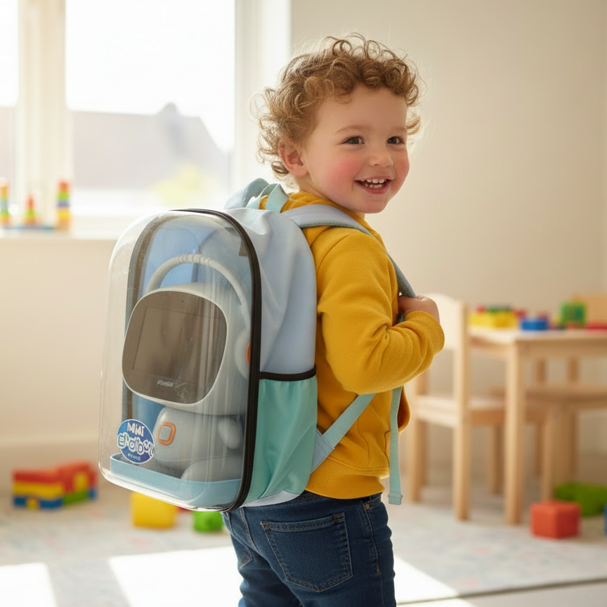 Child wearing a blue carrier backpack in a room with toys.