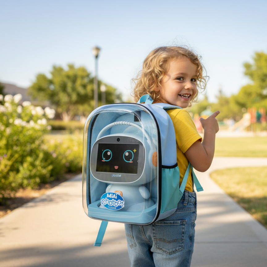 Child with a robot backpack outdoors on a sunny day