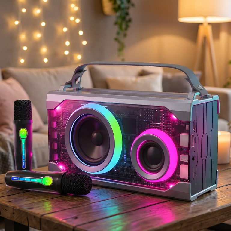 Colorful Bluetooth speaker on a wooden table with a cozy living room background