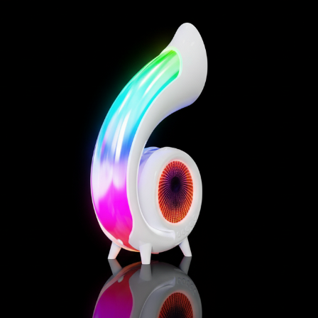 Colourful, ambient speaker with a reflective surface on a black background