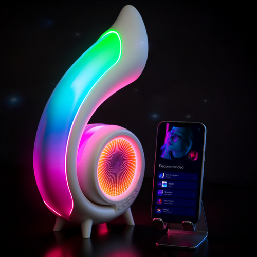 Colorful LED lamp with a smartphone on a stand against a dark background