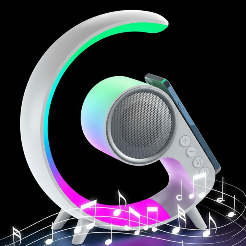Colorful LED lamp with speaker on a black background