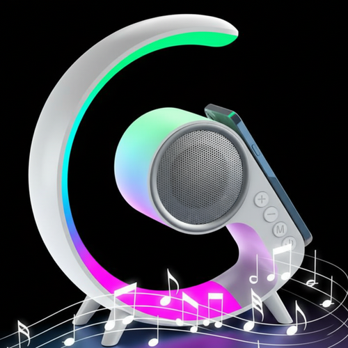 Colorful LED lamp with speaker on a black background