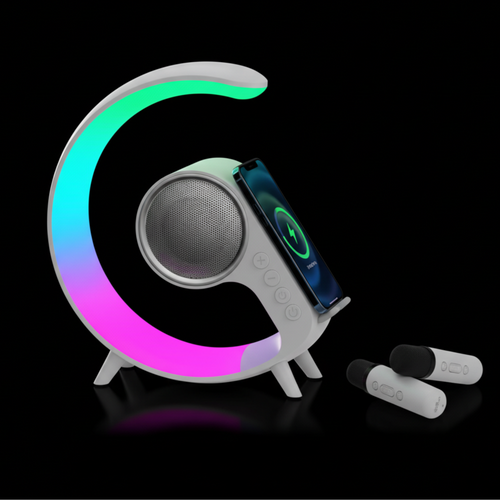 Colourful electronic speaker with a stand and wireless microphones on a black background