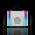 Portable audio device with rainbow gradient and two microphones on a black background