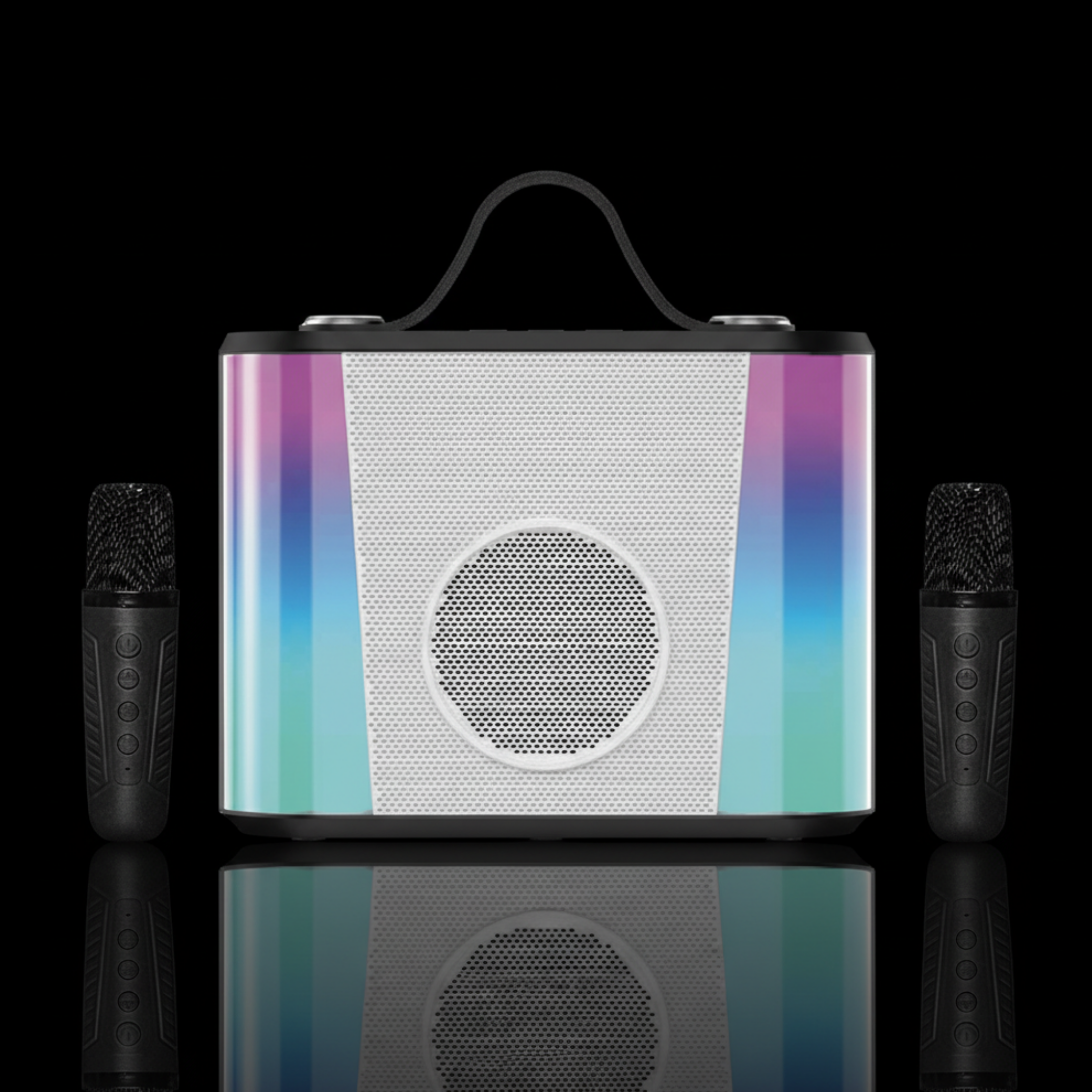 Portable audio device with rainbow gradient and two microphones on a black background