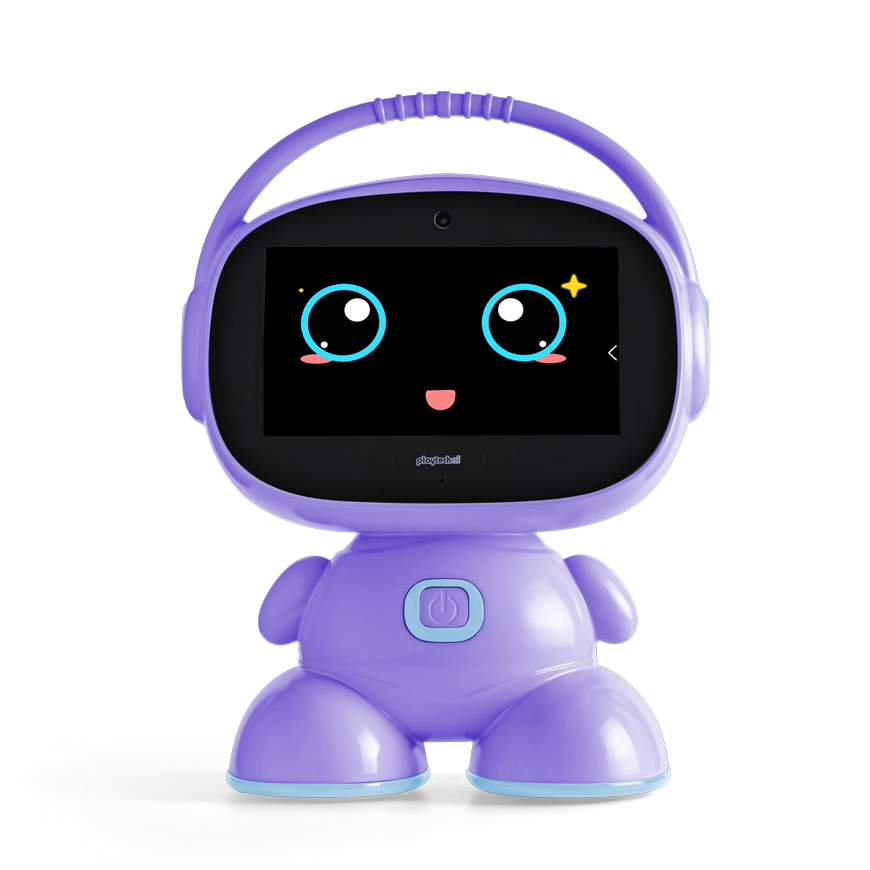 Purple robot toy with a screen displaying a face on a white background