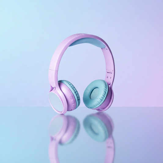 Purple and turquoise headphones on a reflective surface with a gradient blue background